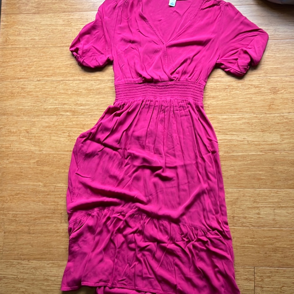 Old Navy Pink Ruched Wrap Sundress with Puff Sleeves